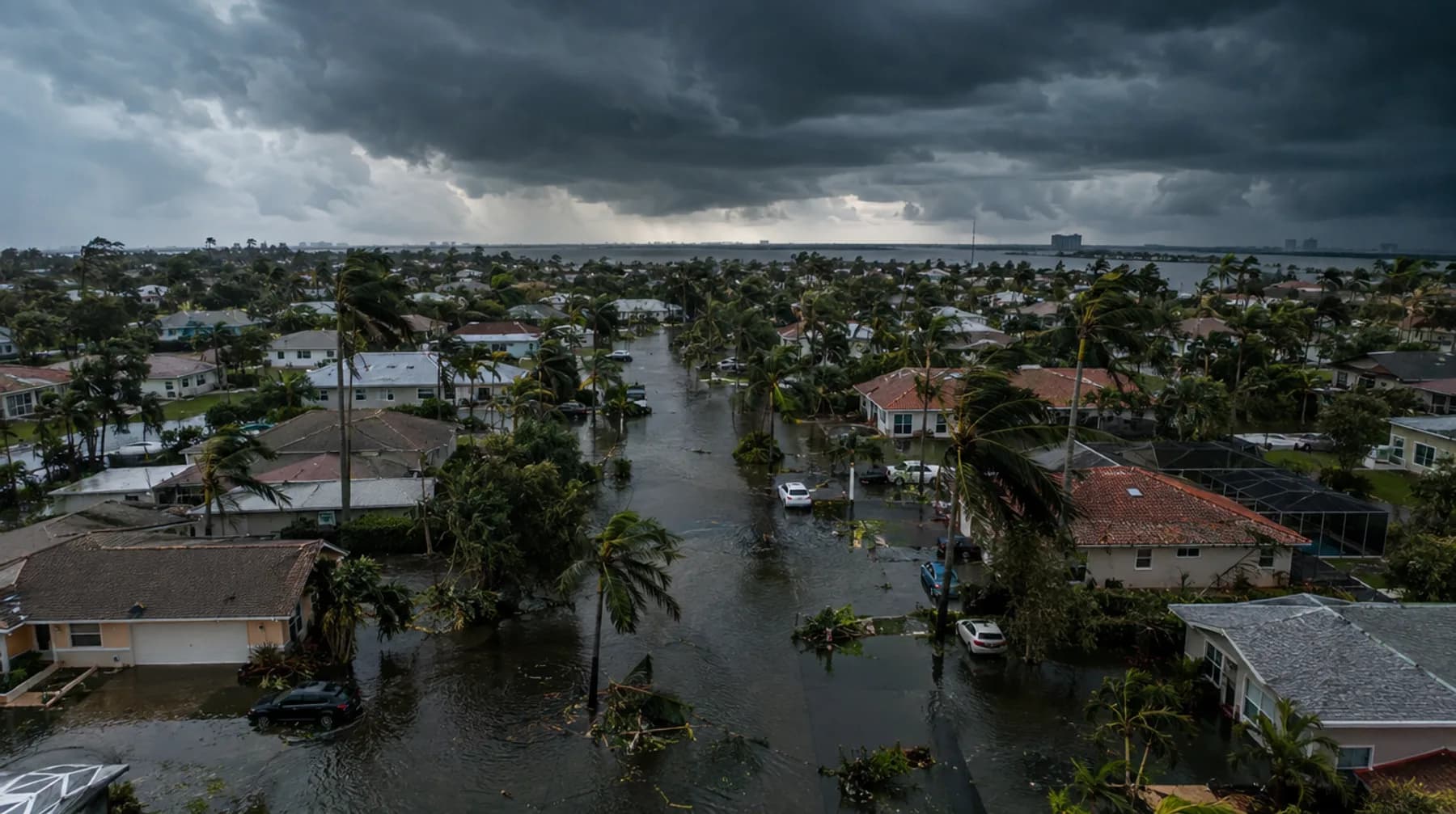 Aerial view of a storm-flooded Florida neighborhood needing emergency water damage restoration