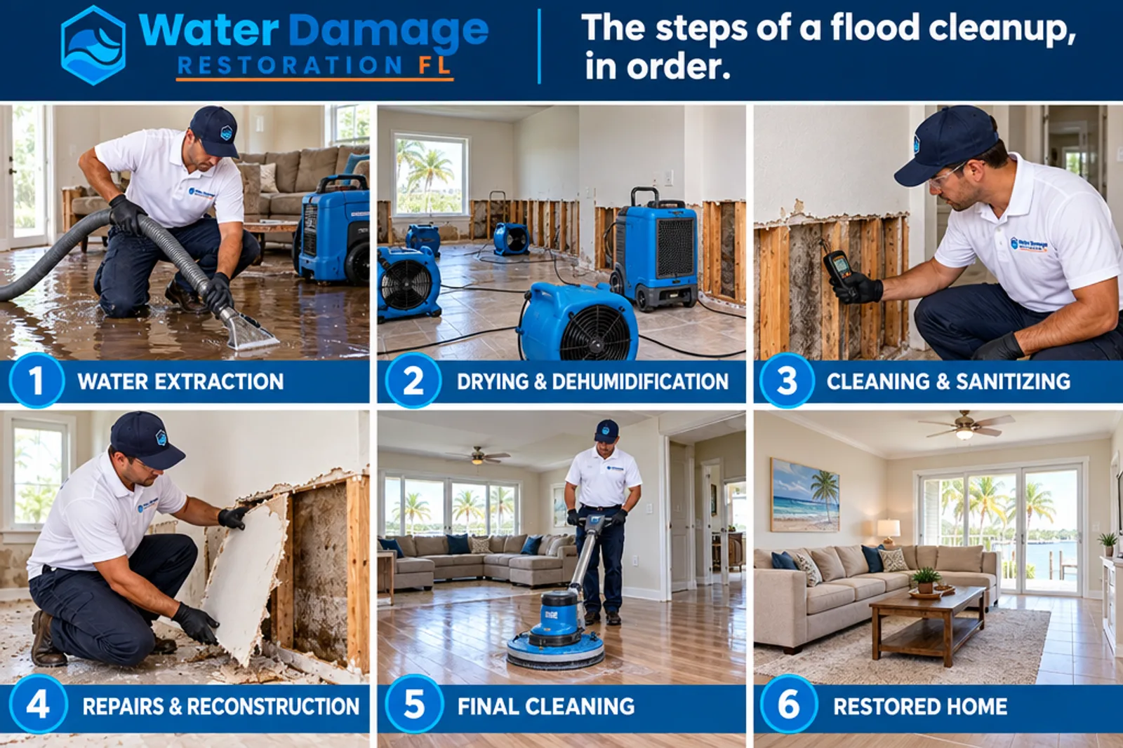 The steps of a flood cleanup, in order